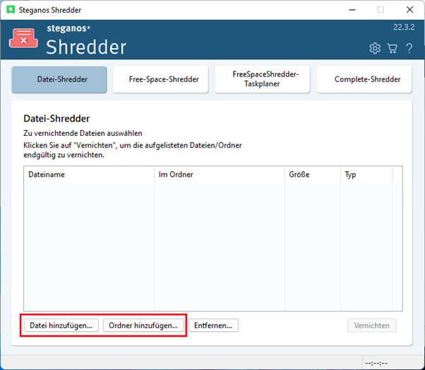 Steganos Shredder Übersicht