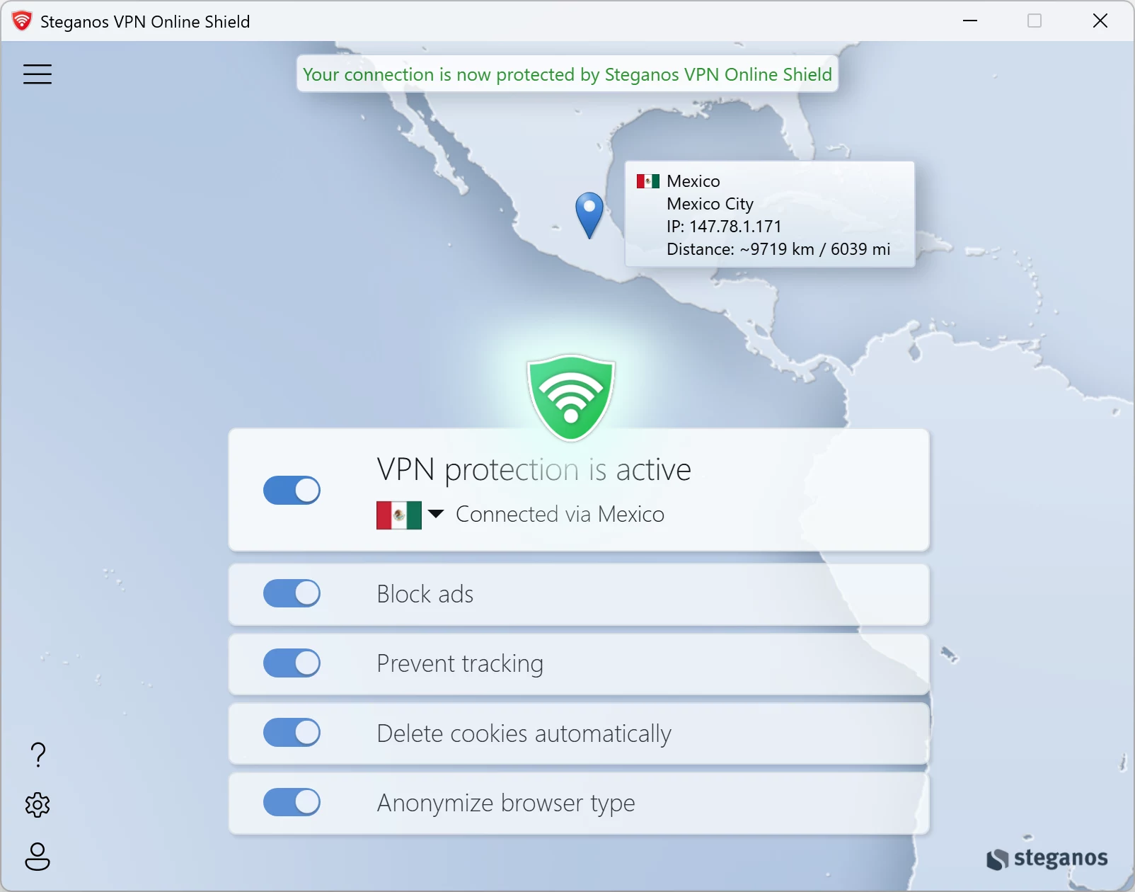 Steganos VPN Online Shield &ndash; οι τέσσερις διακόπτες προστασίας στην εφαρμογή Windows